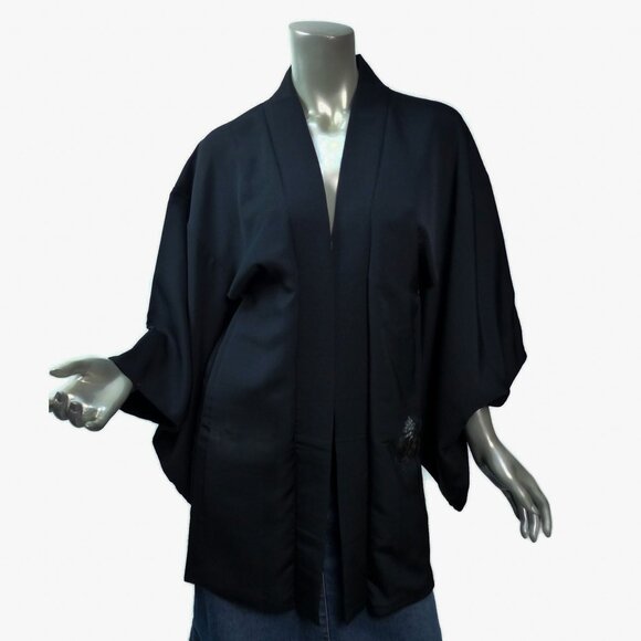 Vintage Black Silk Haori Kimono Jacket Cozy Houses & Trees Metallic Landscape - Picture 3 of 11